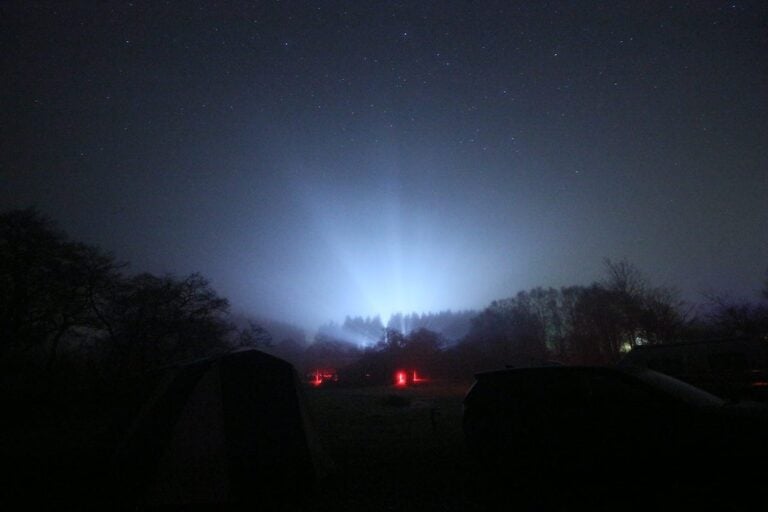 White LED floodlights in Kielder Village